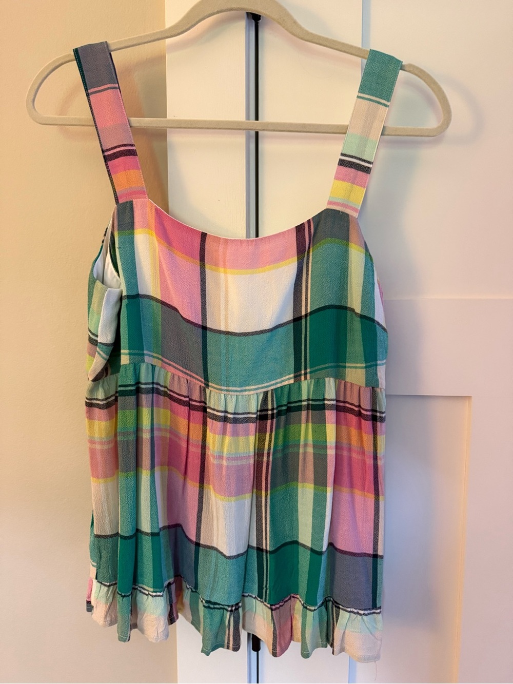 LOFT Spring Plaid Tank Cami Top Bow Detail Ruffle Hem Babydoll Pink Green 6 EUC